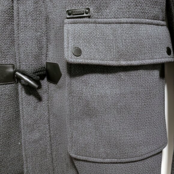 🧥GUESS Men Wool Blend Toggle Coat Hooded Charcoal Gray L Winter Jacket LIKE NEW - Picture 9 of 12